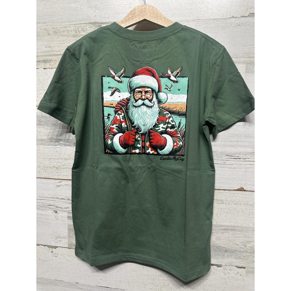Cardin McCoy T-Shirt Boys 8/10 Green Hunting Santa Camo Duck Pocket Tee NWT